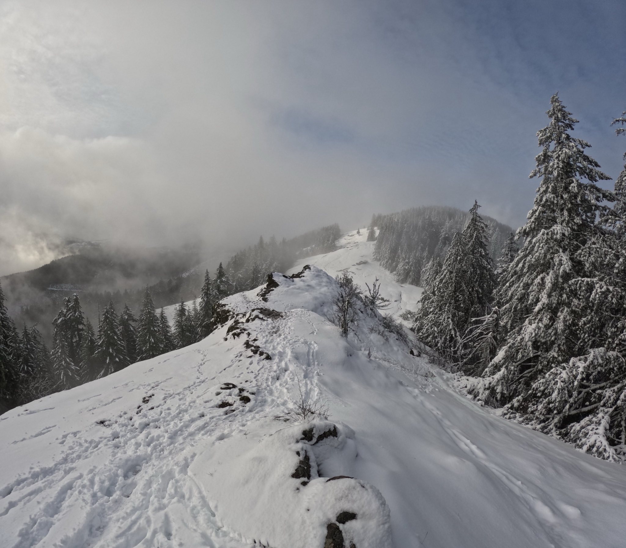 A snowy mountain ridge